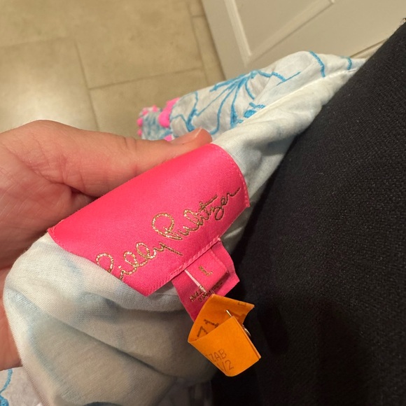 Lilly Pulitzer Blue Leaf-Print One-Shoulder Dress with Pink Pom-Pom Trim - Picture 3 of 3